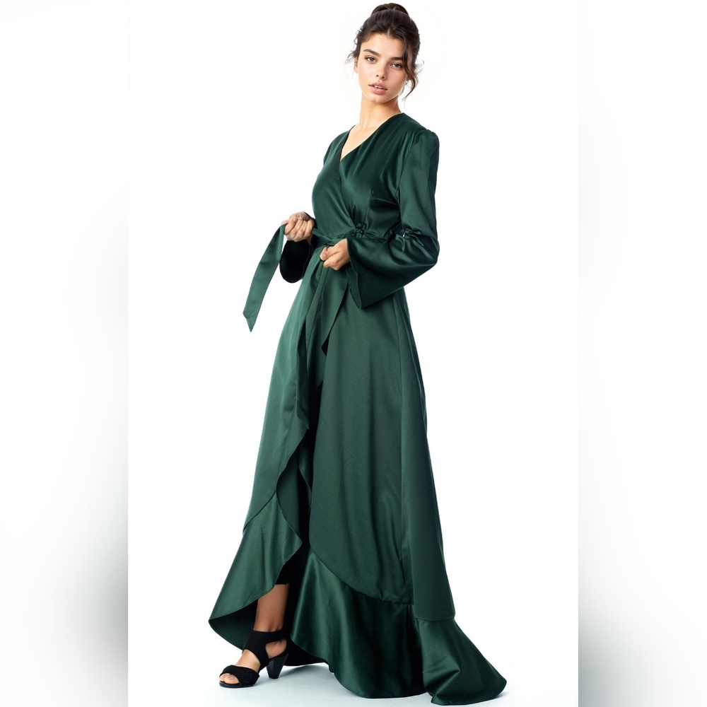 Emerald Green Satin Wrap Dress